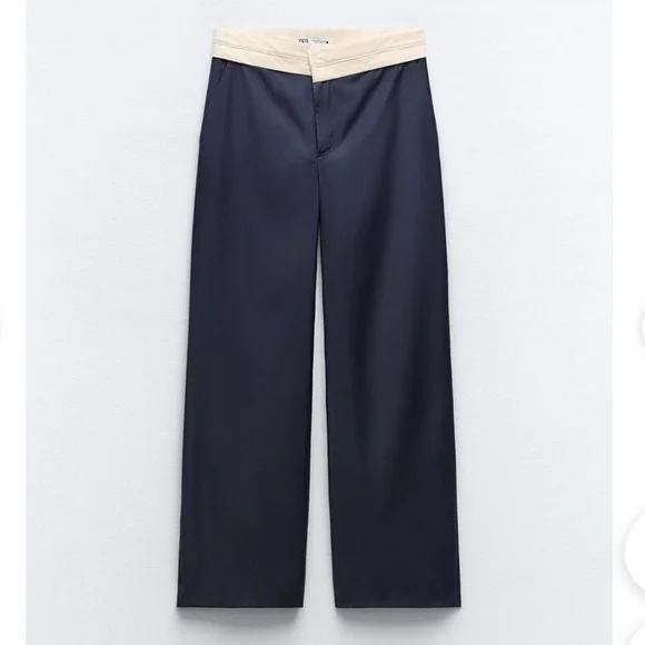 NWT Zara Contrast Waist Straight Leg Pants - Picture 1 of 7